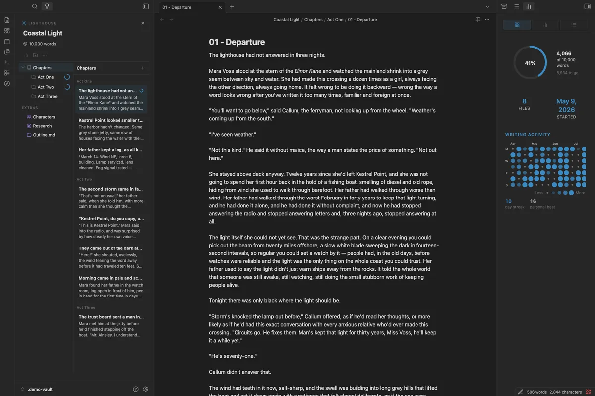 The Lighthouse Writing Workspace: Library, editor, and Inspector together